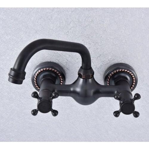 Kitchen Wet Bar Bathroom Vessel Sink Faucet Black Oil Rubbed Brass Wall Mounted Swivel Spout Mixer Tap Dual Cross Handles msf726