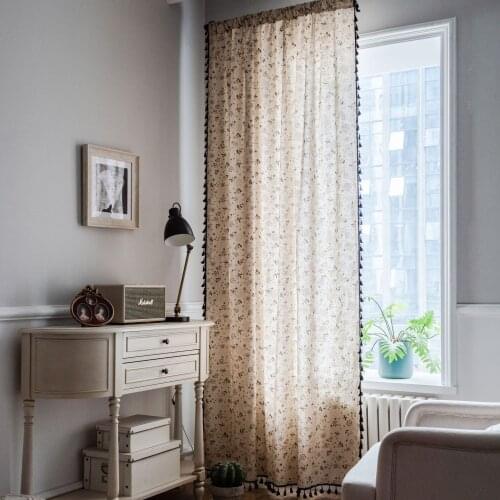 Curtain finished dandelion printing black tassel Korean small window kitchen curtain cotton and linen semi-shading bay window