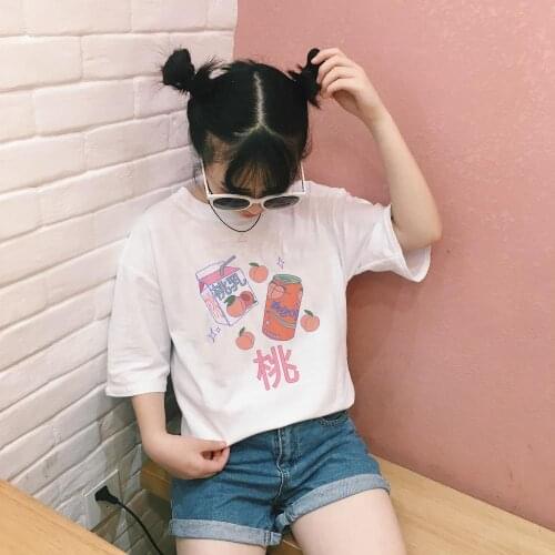 Cartoon Peach Juice Japanses Aesthetic Grunge T Shirt Women Harajuku Cute Kawaii Summer Casual Tumblr Outfit Fashion Tops