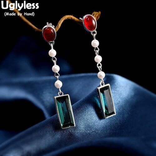 Uglyless 100% Real 925 Silver Long Dress Earrings for Women Square Crystals Pearls Agate Earrings Summer Fashion Ethnic Jewelry