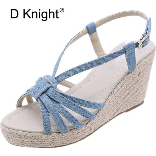 2021 Summer New Style Ladies Denim Espadrilles Wedges Sandals Rome Waterproof Platform Womens Shoes Straw High Heels Sandals