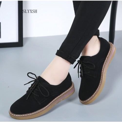 SLYXSH 2019 Autumn women sneakers oxford shoes flats shoes women leather suede lace up boat shoes round toe flats moccasins
