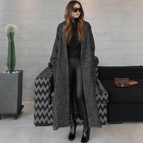 Womens Maxi Long Trench Coat Thick Loose Warm Lapel Wool Blend Overcoat Jacket