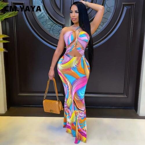 CM.YAYA Women Long Dress Print Sleeveless Halter Hollow Out Strechy Bodycon Maxi Floor Length Dresses Sexy Fashion Outfit Summer