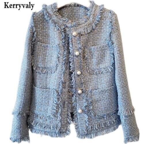 Celebrities Small Fragrant Blue Thick Coat Women Autumn Winter Fashion Pearl Buckle Long Sleeves Jaclet Ropa De Mujer K9808