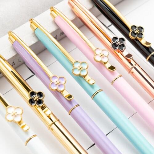 1Pc Candy Color Metal Ballpoint Pen School Stationery Kids Gift Black Ink Signature Writing Pen with Four Leaf Clover Decoration