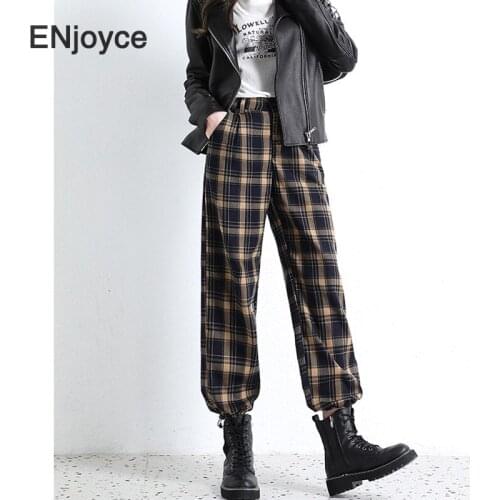 2020 Autumn Vintage Plaid Cotton Pants Women Elastic High Waist Jogger Baggy Sweatpants Hip Hop Checkerboard Harajuku Trousers