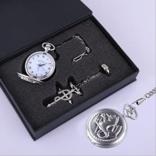 5sets/lot Vintage Alchemist Edward Elric Cosplay Pocket Watch Necklace Ring 3pcs Set With Box Jewelry Accessory Wholesale
