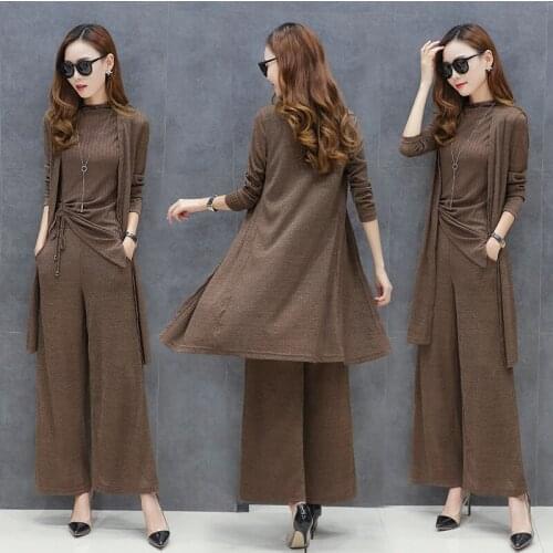 3 pcs set women summer knitting wide-legg pants 2 piece set women suit set two piece set Costumes for women spring womens suit