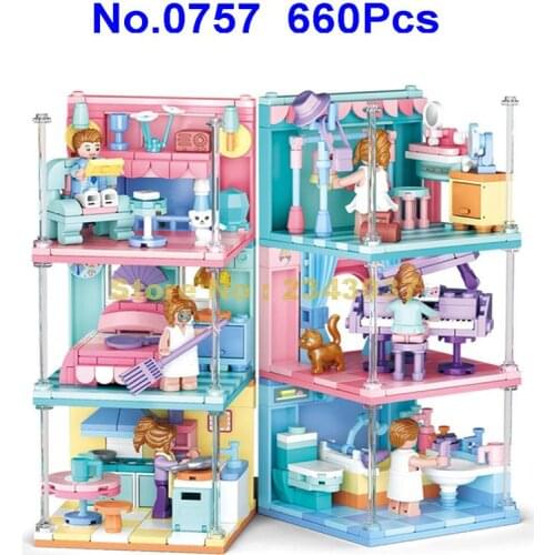0757 660pcs 6in1 Girl Play House Game Bedroom Kitchen Bathroom Living Room Piano Building Blocks Toy