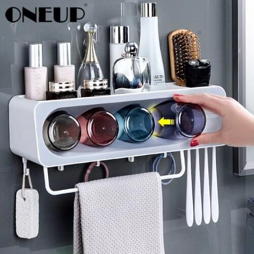 ONEUP Multifunctional Toothbrush Holder Towel Bar Free Punching Automatic Toothpaste Dispenser Squeezer Bathroom oom Accessories