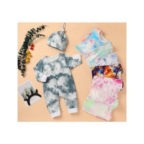 Breathable Infant Long Sleeve Jumpsuit Spring Autumn Baby Boys Girls Random Dyeing Printing Round Collar Romper + Casual Cap Set