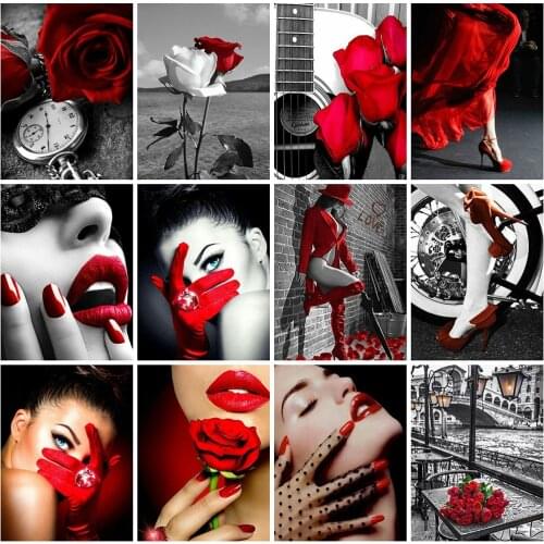 Huacan 5D DIY Diamond Painting Full Black And Red Woman Diamond Embroidery Sale Rose Mosaic Cross Stitch Decor For Home