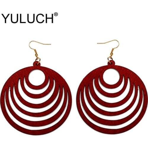 YULUCH Trendy Pop Women Round Wood Big Earrings Fashion Jewelry Accessories For African Indian Women Red Long Dangle Earrings