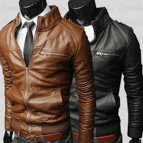 Men Autumn New Motorcycle Causal Vintage Leather Jacket Coat Men Outfit Fashion Biker Zipper Pocket Design PU Leather Jacket Men