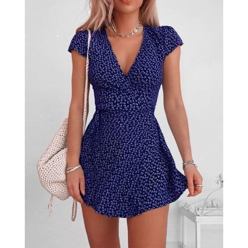 Sexy Dress Women Summer Casual Fashion V-neck Short Sleeve Floral Printing High Waist Mini Dresses Oversized Ladies Dress