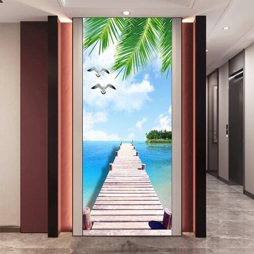 Beach Seagull Wooden Bridge DIY Door Sticker Home Decoration Wall Stickers Kitchen Porch Art Mural Peel & Stick Vinly Wallpaper