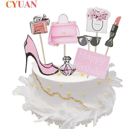 Pink Happy Birthday Cake Topper Wedding Party Cupcake Party Decoracion Fashion Lipstick Flower Adult Birthday Cake Supplies