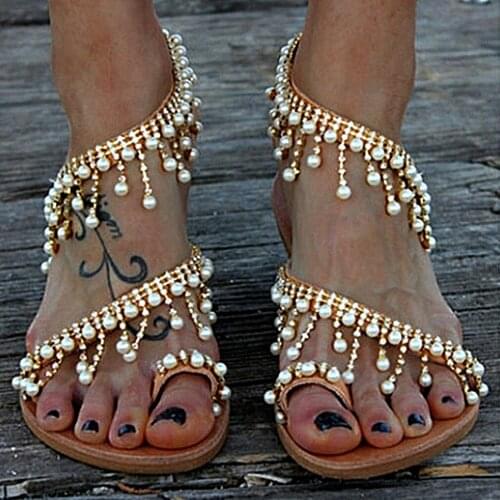 Women Sandals Summer Flat Pearl Flower Sandals Flip Flops Rome Shoes Bead Slippers Mujer Gladiator Sandalias Sapatos Femininos