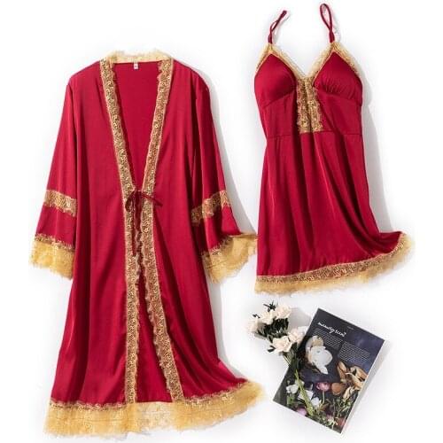 Sexy V-neck Lace Nighty&Robe Set Sleepwear Nightdress Bath Gown Satin Homewear Suit Wedding Party Gift