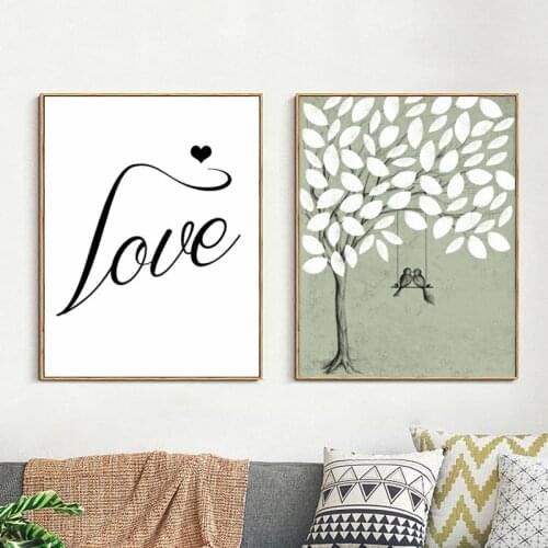 HAOCHU Modern Nordic Minimalist Landscape Tree Love Birds On Swing Art Print Poster Wall Picture Canvas Painting For Home Decor