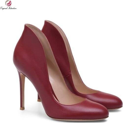 Womens Round Toe High Heels Burgundy Black PU 12CM Thin High Heels Woman Shoes Dress Wedding Office Slip On Pumps Plus Size 45