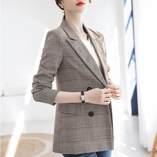 Vintage Plaid Blazer Women Long Sleeve Suit Jacket Coat Femme Casual Double Breasted Slim Fit Outerwear Female Autumn Winter