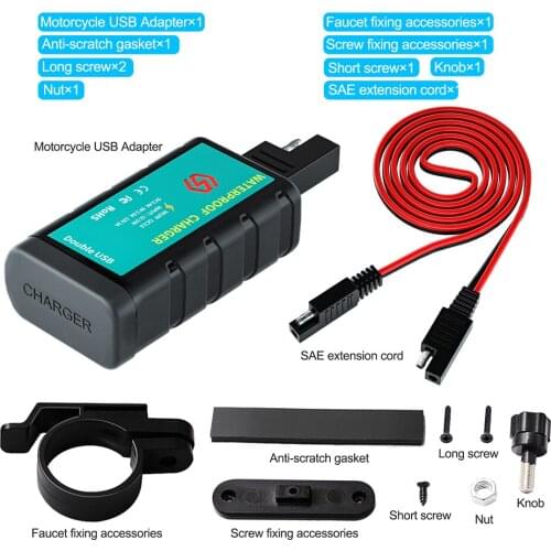 Motorcycle USB Charger SAE to USB Adapter Dual USB Fast Charge with Voltmeter ON/OFF Switch Waterproof Quick Disconnect Charger