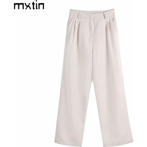 MXTIN 2021 Women Spring Vintage Solid Office Wear Straight Pants Fashion Zipper High Waist Pockets Female Ankle Trousers Mujer