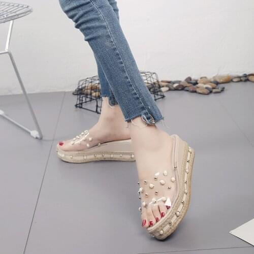 Wedges Heels Platform Slippers Women Transparent Clear Shoes Woman Mules Summer 2020 Pearls Outdoor Slippers for Women Slides