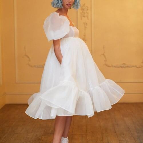 Empire Maternity Evening Dresses 2021 Women White Puffy Sleeve Tea-Length Organza Prom Gowns Custom Plus Size vestidos de fiesta