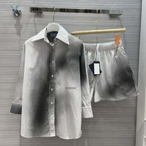 2 Top Pieces Quality Set Women 2021 Summer New Runway Design Black Striped Lapel Loose Long Shirts + Elastic Waist Casual Shorts
