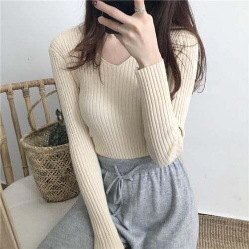 Women Casual Slim V-Neck Sweater Winter Solid Basic Bottoming Sweaters Long Sleeve Knit Tops Wild Pullover Ropa Mujer Invierno