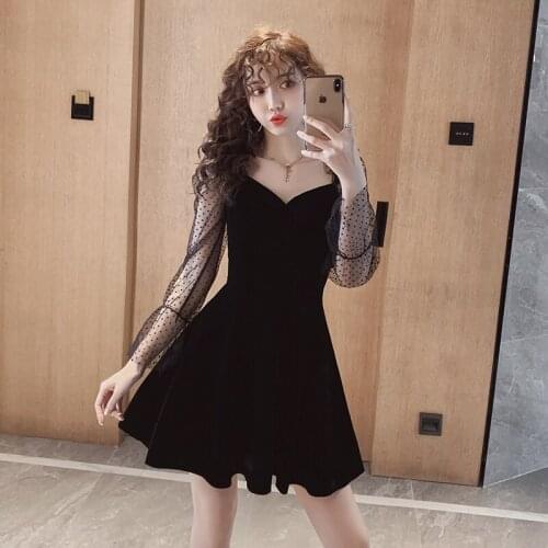 Velvet Mesh Temperament Sexy Short Skirt Womens 2020 Spring High Waist V-neck Long Sleeve Little Black Dress Female Vestidos