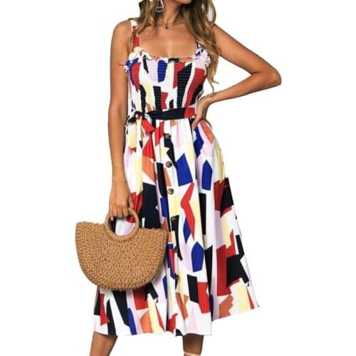 2020 new summer strap dresses women fashion sexy medium long ruffled sunflower print a row of button Single-breasted dress women