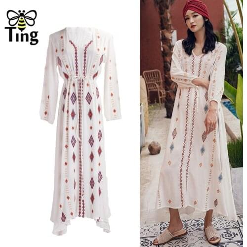 Tingfly Bohemian Fashion Embroidery Summer Street Casual Long Dress Women Boho Vacation New Drawstring Waist Vestidos Elbise Eam