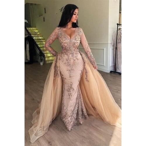 Champagne Prom Dresses Mermaid V-neck Long Sleeves Appliques Dubai Saudi Arabic Long Robe De Soiree Prom Gown Evening Dresses