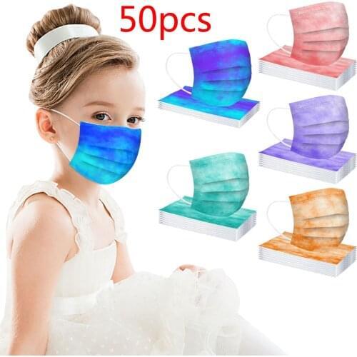 50pcs Childrens Mask Disposable Face Mask Tie Dye Child Girls Mask Mascarillas 3ply Ear Loop Mixed Color Halloween Cosplay