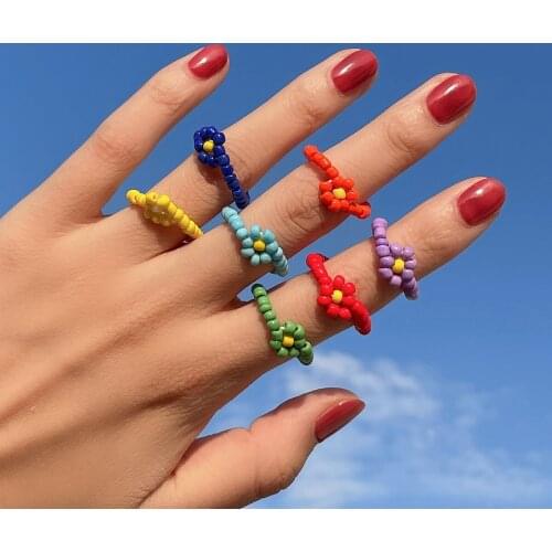 7Pcs/Set Colorful Geometric Flower Knuckle Finger Rings Handmade Weaving Rainbow Seed Beaded Chain Rings for Women Girls Jewelry