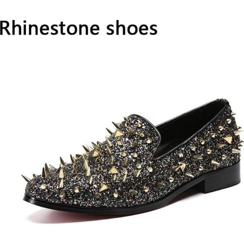 Spikes Rhinestones Glitter Handmade Men Rivets Shoes Fashion Party Prom Men Loafers Black Plus size leather casual Shoes