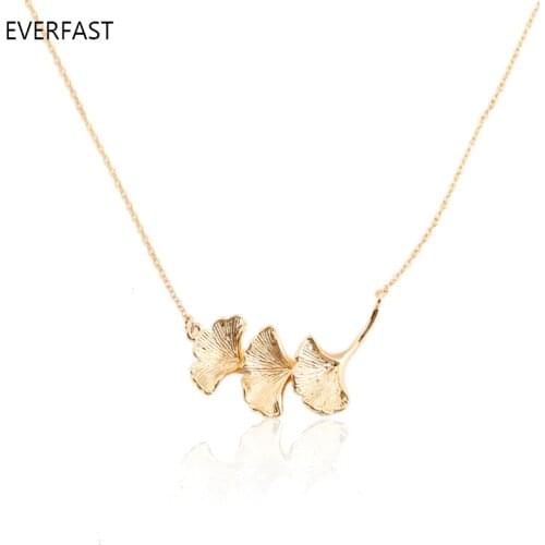 Everfast 1pc 3 Connected Ginkgo Biloba Pendant Necklace Charm Chain Fashion Jewelry For Girls Kids Dropshipping Store