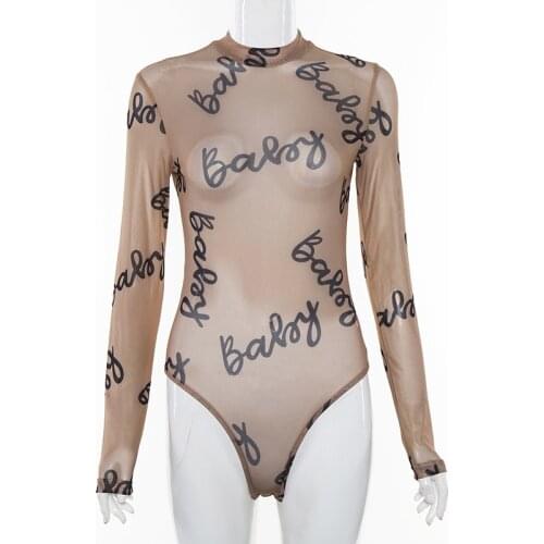 KLALIEN 2021 Summer Sexy Letter Print Transparent Mesh Bodysuits Long Sleeve See Through Baby Bodycon Rompers Women Jumpsuits