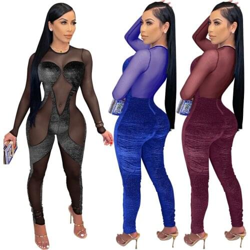 Sexy Stripe Velvet Mesh Patchwork O-Neck Jumpsuits Women Spring Summer New Long Sleeve Night Club Clothes Fashion Romper Female