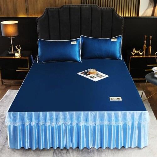 Summer New Bed Skirt 9 Color Queen King Size with Two Pillow Covers Ice Silk Double Bedsets 3 Pcs Ruffled Soft