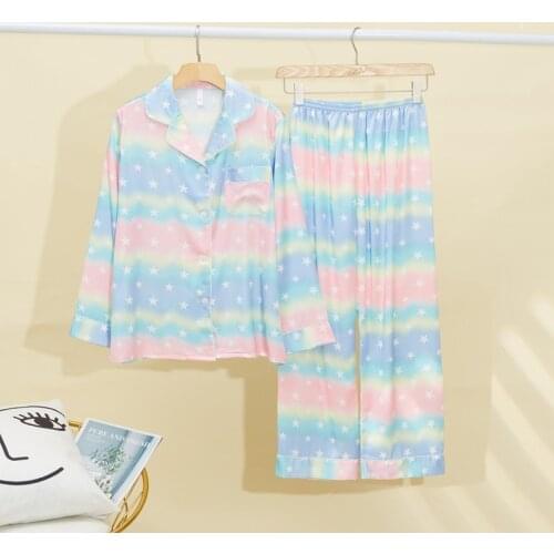 Daeyard Fashion Gradient Pajama Set Stars Colorful Print Two Pieces Silk Pyjamas Women Spring Autumn Sleepwear Elegant Homewear