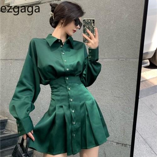 Ezgaga Elegant Shirt Dress Women Long Sleeve Autumn New Korean Fashion Turn-Down Collar Solid Office Lady Temperament Vestidos