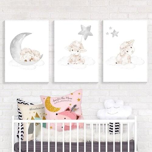 Hand Cartoon Baby Animal Picture Sheep Nursery Poster and Print Wall Art Canvas Painting Nordic Kid Child Bedroom Decoration