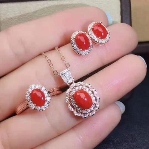 Natural Boutique Red Coral Earrings Ring Pendant Necklace Set S925 Sterling Silver Fine Fashion Jewelry for Women