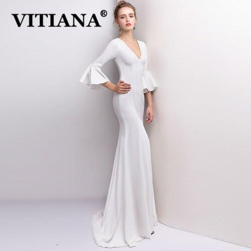 VITIANA Women White Noble Banquet Sexy Party Dress Female V-Neck Flare Sleeve Elegant Night Dresses Femme Host Long Vestidos