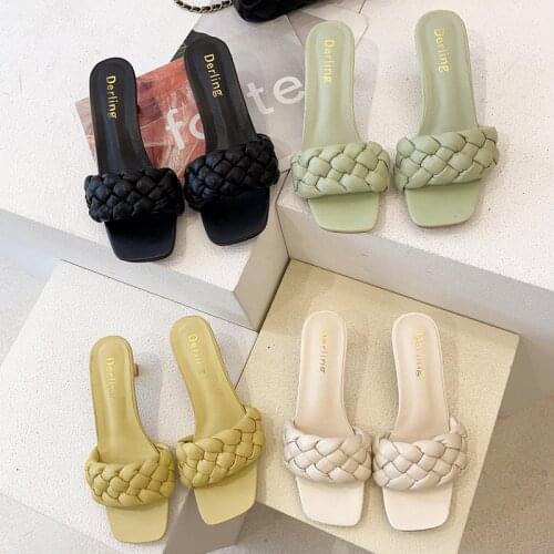 2021 Summer Women 6cm High Heels Slides Leather Weave Mules Platform Slippers Lady Slaps Luxury Replica Designer Luxury Shoes